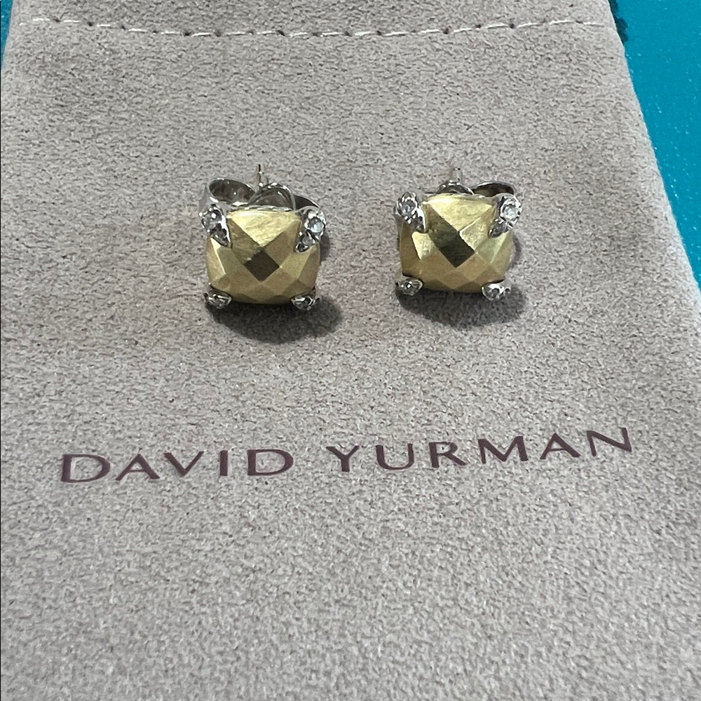 David Yurman New Sterling Silver/18k Gold and Diamond Pierced Earrings